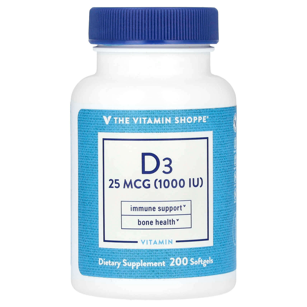 The Vitamin Shoppe, Витамин D3, 25 мкг (1000 МЕ), 200 мягких таблеток
