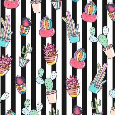 seamless pattern of cactus in pots.