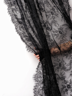 Кружево шантильи черное широкое неэластичное ширина 1,5 м купон 2.9 м