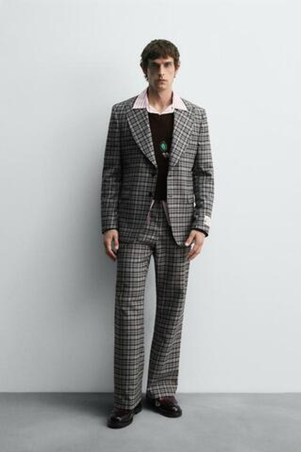 ZARA HARRY LAMBERT X DISNEY КЛЕТЧАТЫЙ КОСТЮМНЫЙ БЛЕЙЗЕР, СЕРЫЙ