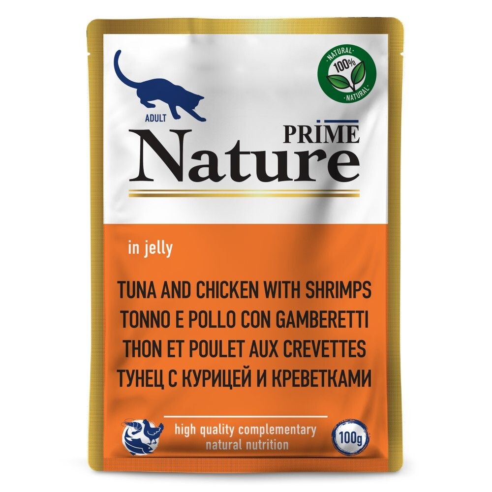 Prime Nature 100 г - консервы (пакетик) для кошек с тунцом, курицей и креветками (желе)