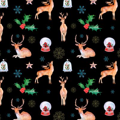 Seamless pattern New Year mood. Deers and snowflakes on a black background.
