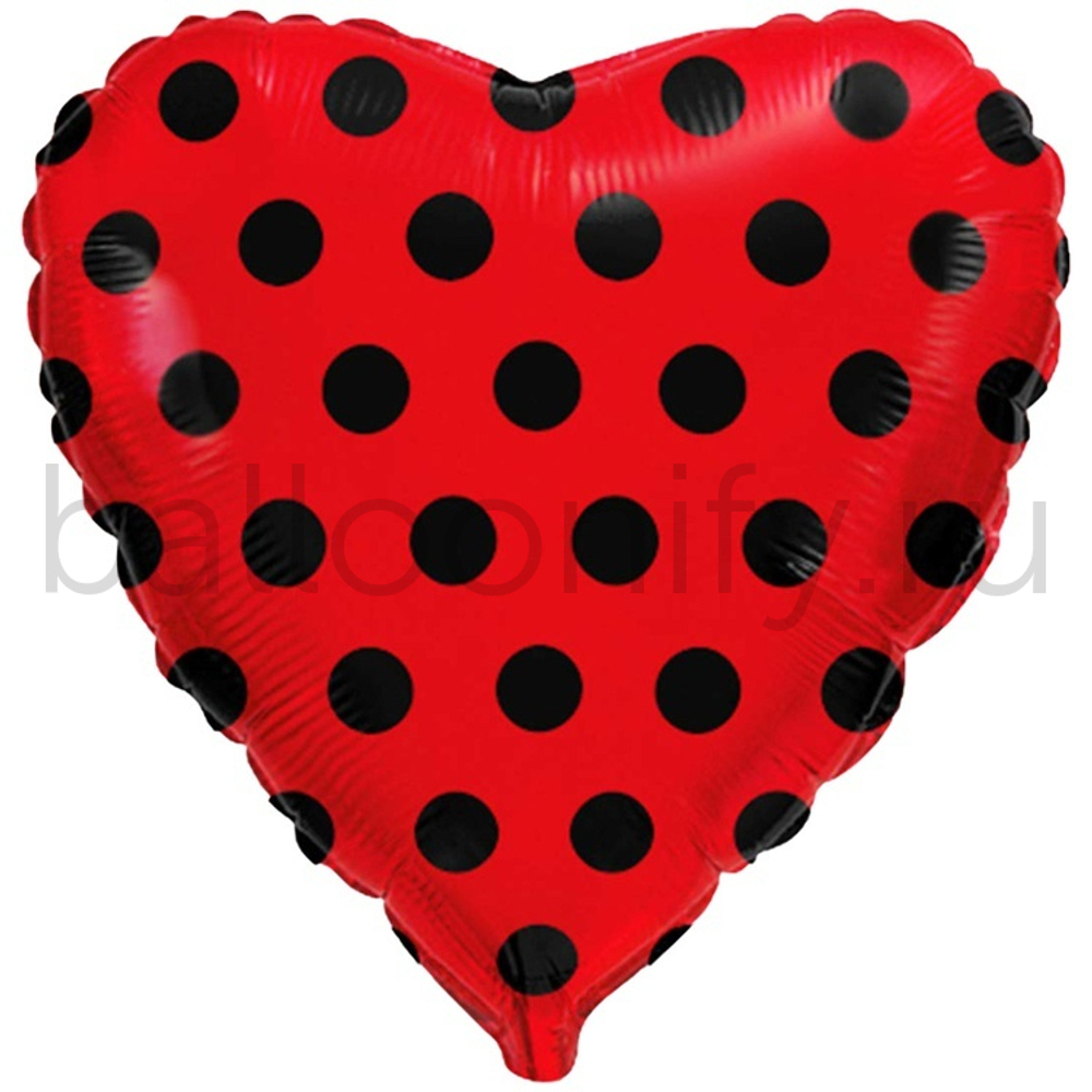 Фольгированная фигура, сердце, Горошек черный на красном/FM,18"/46СМ
