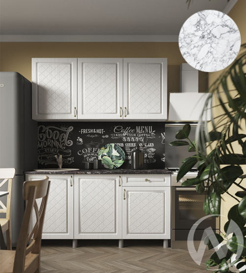 Кухня Вильма 1.5м (корпус белый/арктик; арктик) 26мм мрамор итальянский