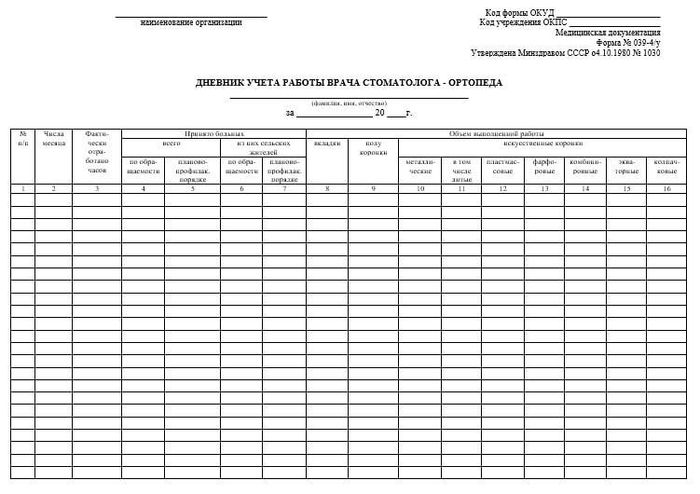 ф № 039-4у Дневник учета работы стоматолога-ортопеда