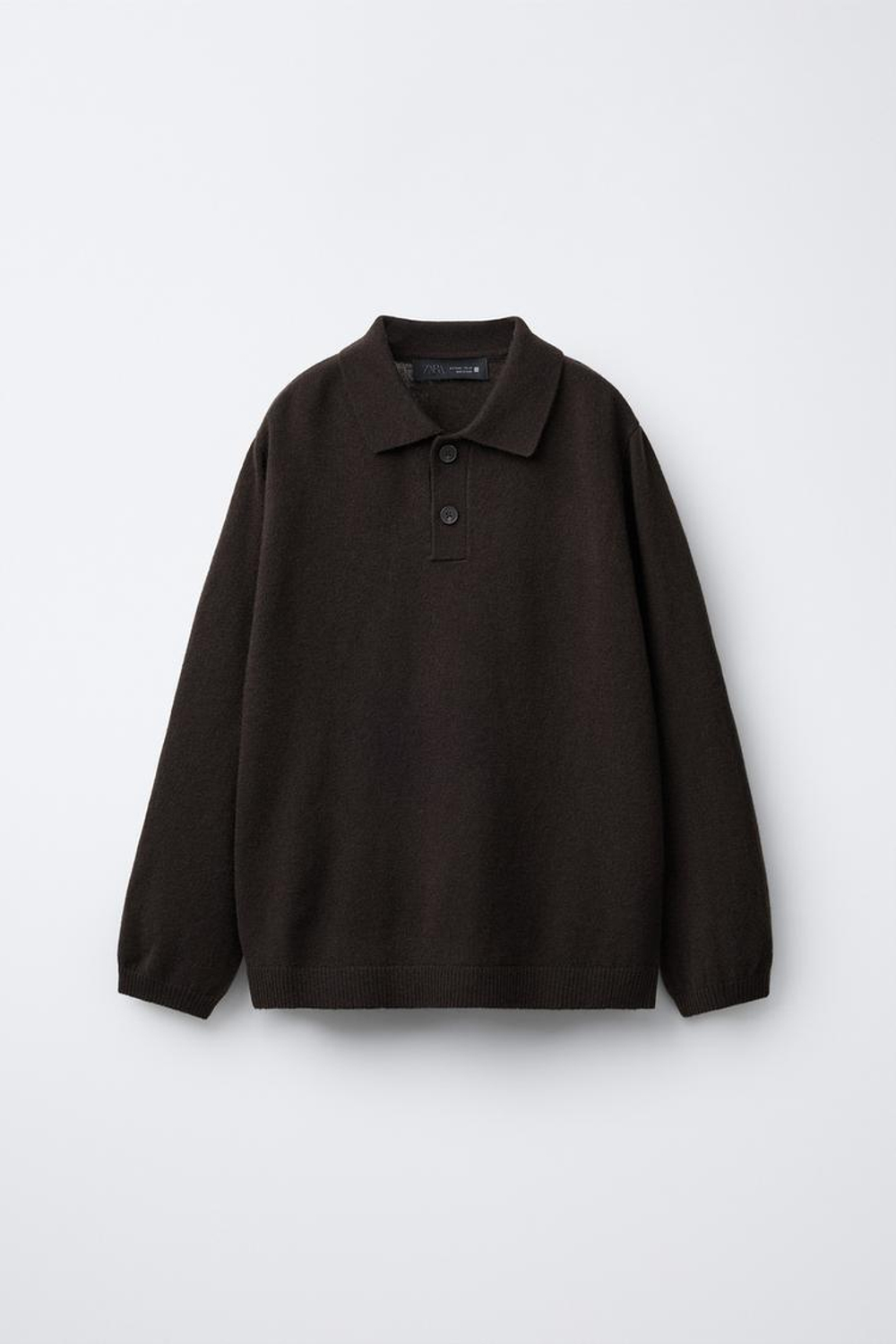 ZARA ПОЛО С ДЛИННЫМИ РУКАВАМИ С ВОРОТНИКОМ НА ПУГОВИЦАХ, ТЕМНО-КОРИЧНЕВЫЙ