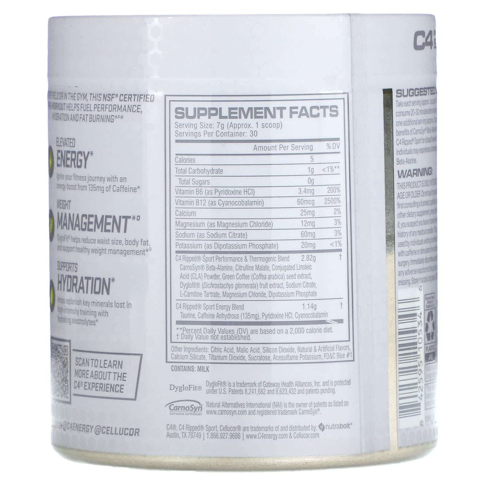 C4 / Cellucor, C4 Sport Ripped, предтренировочный комплекс, арктический снежный шип, 210 г (7,4 унции)