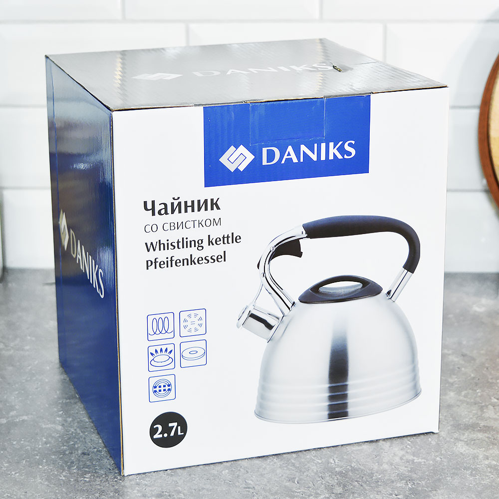 Чайник 2,7л нерж со свистком, матовый, ручка с силиконовым покрытием, индукция, "Daniks" PR-2201
