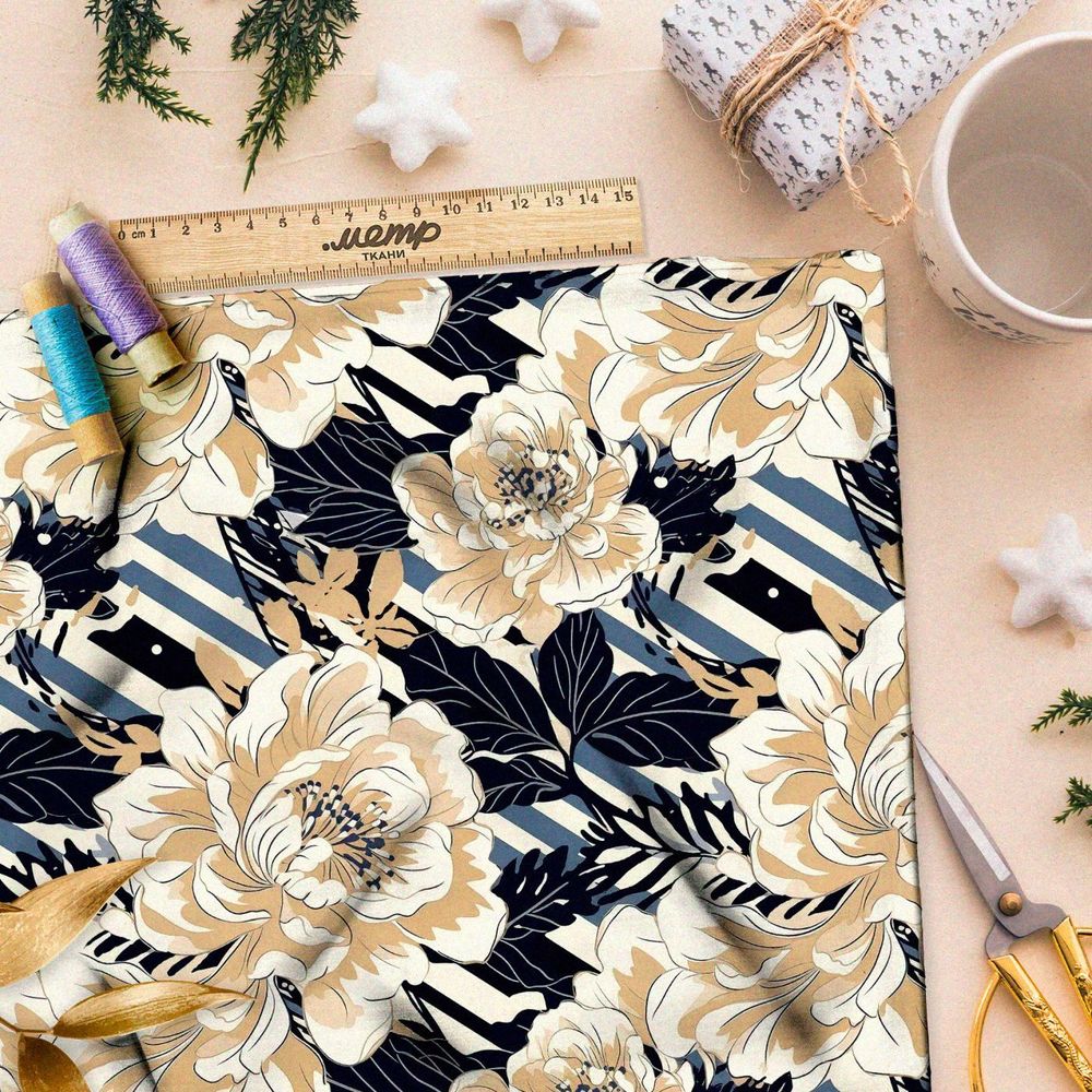 Ткань премиум мембрана пионы на полосках