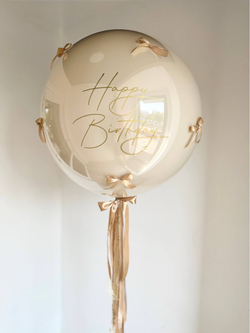 Большой Шар гигант Happy birthday с бантиками кремовый/белый песок №5245