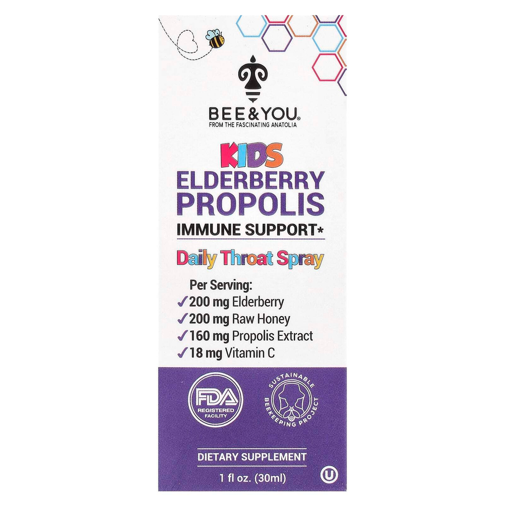 Bee & You, Детский ежедневный спрей для горла с прополисом из бузины, 30 мл (1 жидк. Унция)