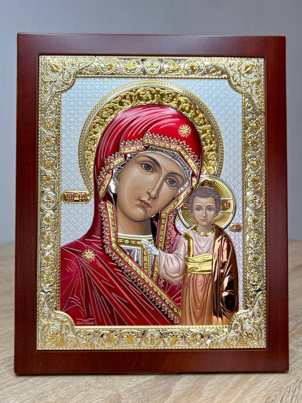 Казанская БМ, икона прямоугольная с рамкой, красное дерево, эмаль 185х235