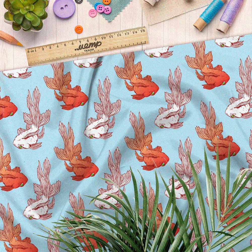 Ткань бязь золотые и белые рыбки на голубом фоне