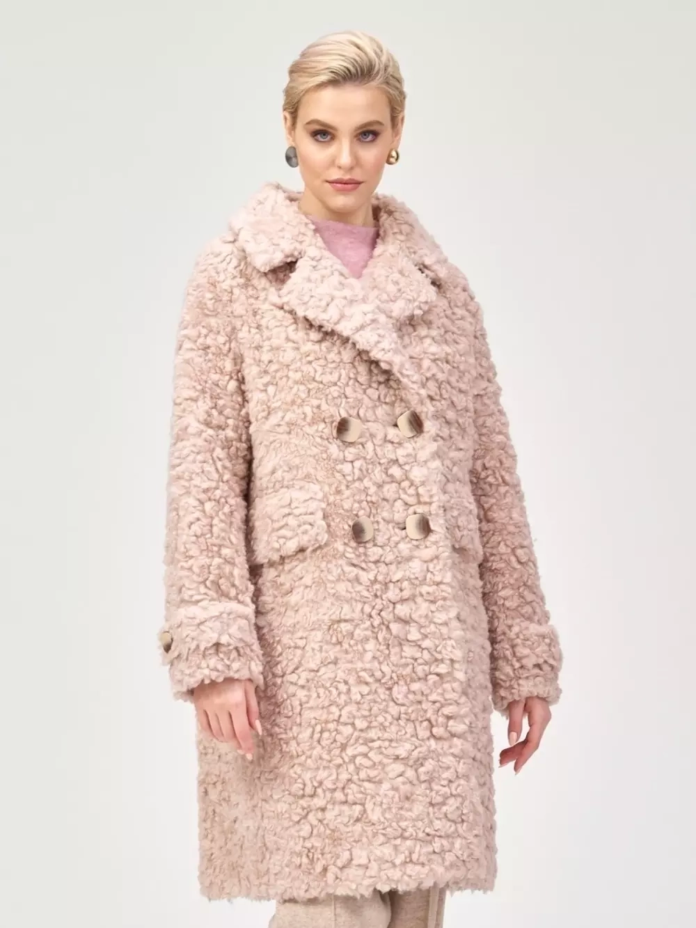 Шуба из шерсти мериноса чебурашка, розово-бежевая, SilverFox (арт. S1160rm05bz)