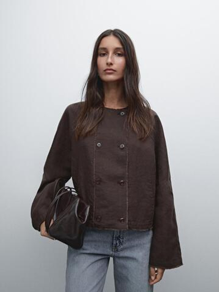 Massimo Dutti Короткая двубортная льняная куртка, коричневый