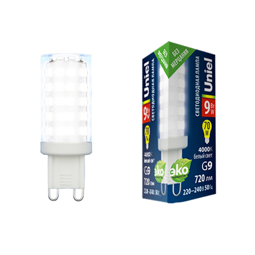 LED-JCD-9W/4000K/G9/CL GLZ09TR Лампа светодиодная, прозрачная. Белый свет (4000К). Картон. ТМ Uniel.