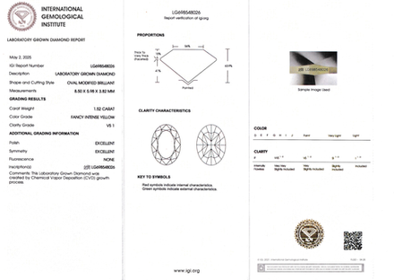 Лабораторно-выращенный бриллиант овал 8.50 х 5.98 х 3.82 мм Fancy INTENSE YELLOW/VS1 1.52 ct