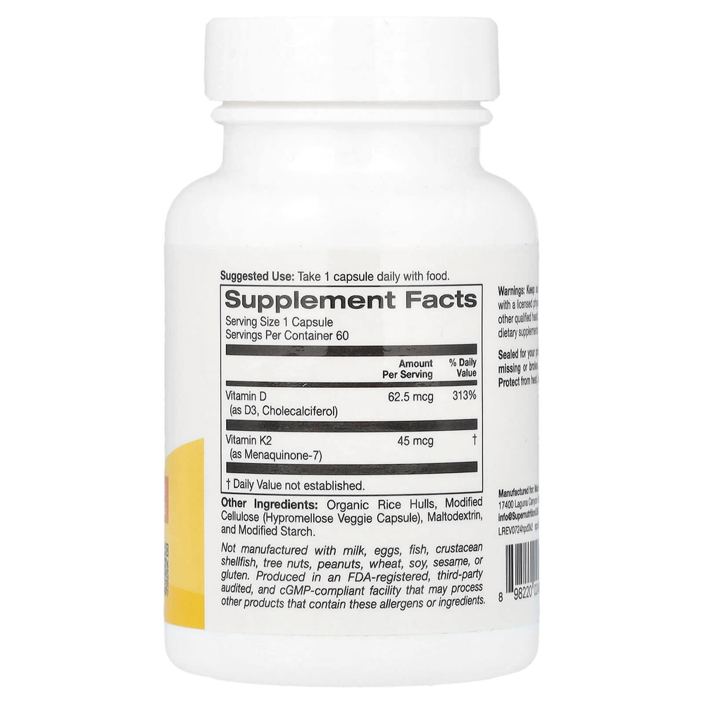 Super Nutrition, витамины D3 и К2, 60 растительных капсул