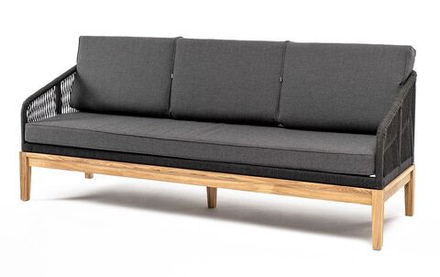 "Канны" диван 3-местный плетеный из роупа, основание дуб, роуп темно-серый круглый, ткань темно-серая 027