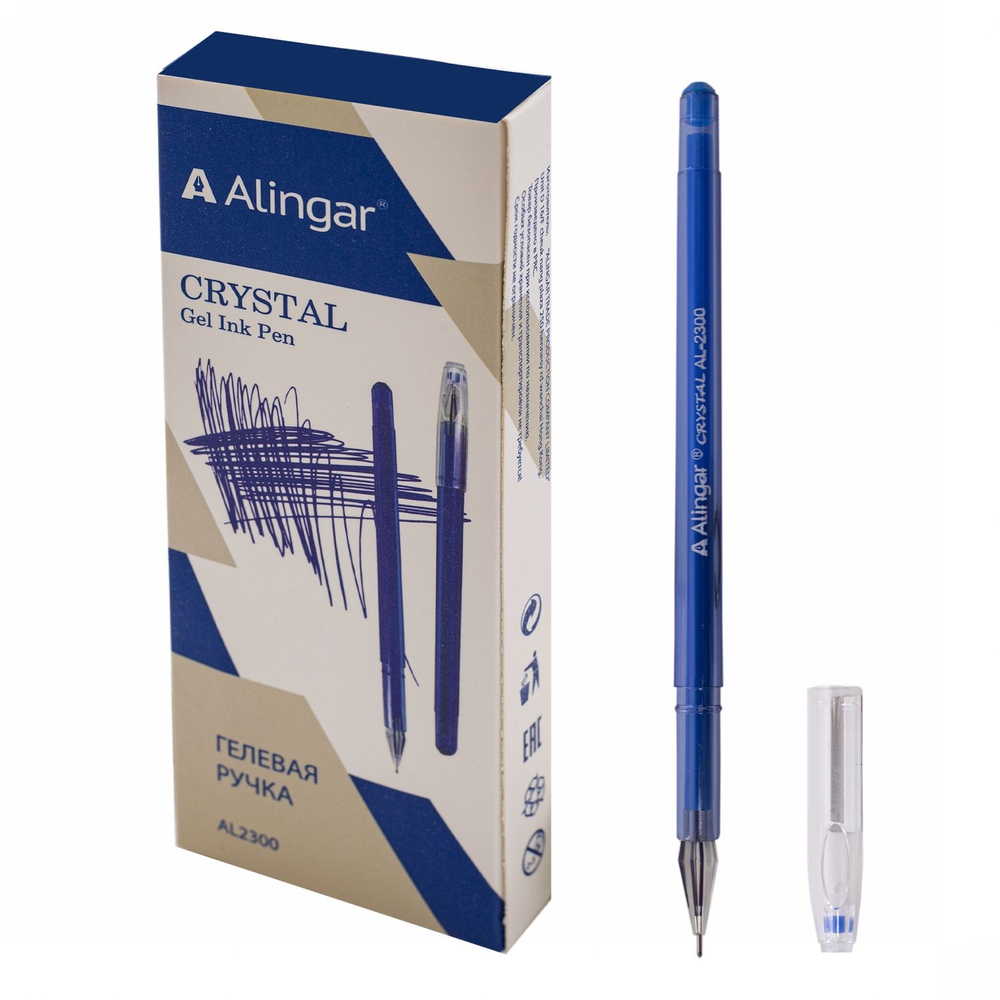 Ручка гелевая Alingar, "Cristal", 0,5 мм, синяя, игольчатый наконечник, круглый, пластиковый корпус, в уп. 12 шт., карт. уп.