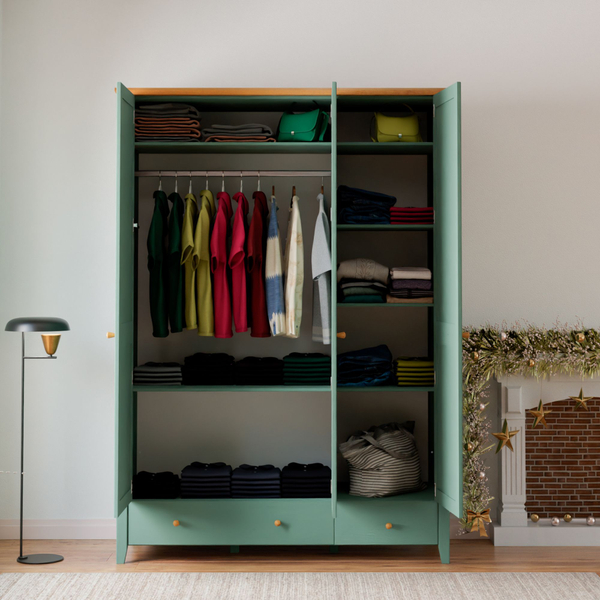 Шкаф 153х60х216, Саргас, распашной для одежды, с зеркалом и ящиком, деревянный, массив сосны, зеленый эвкалипт, Dipriz