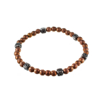 Стильный модный мужской браслет из бусин камня гематита (кровавика) бронзового цвета на резинке с металлическими шармами с буквами JV TOE-316-60130 в подарочной упаковке