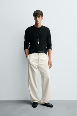 ZARA БРЮКИ ЧИНОС ИЗ ХЛОПКА И КОНОПЛИ, БЕЛЫЙ