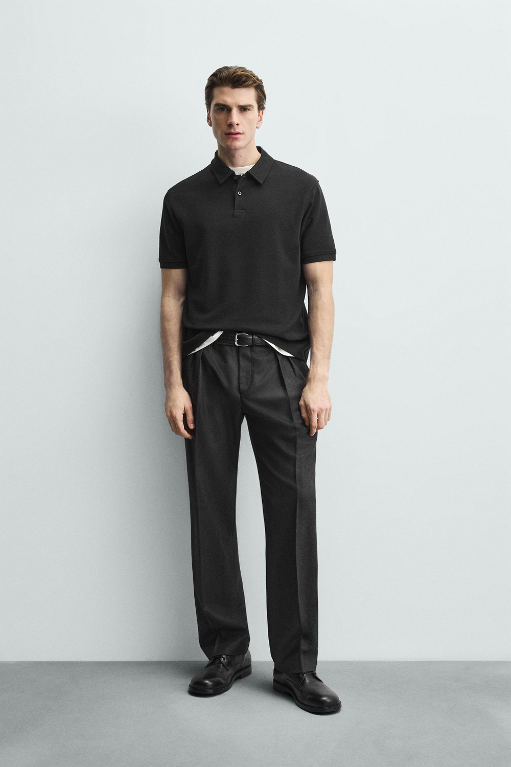 ZARA ПОЛО REGULAR FIT С РЕЛЬЕФНОЙ СТРУКТУРОЙ, ЧЕРНЫЙ