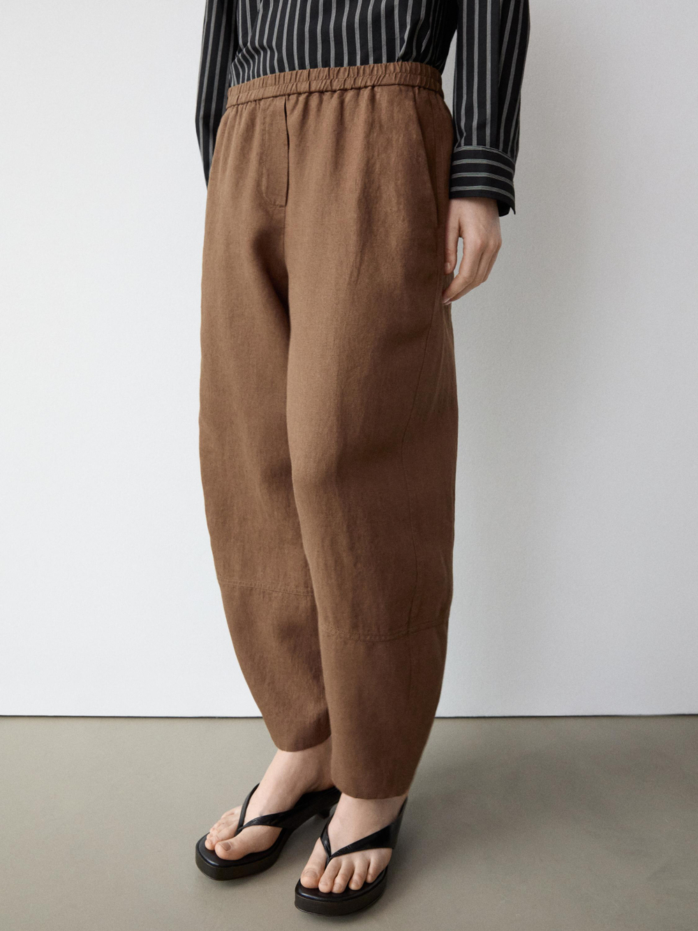 Massimo Dutti Льняные брюки с эластичным поясом, коричневый