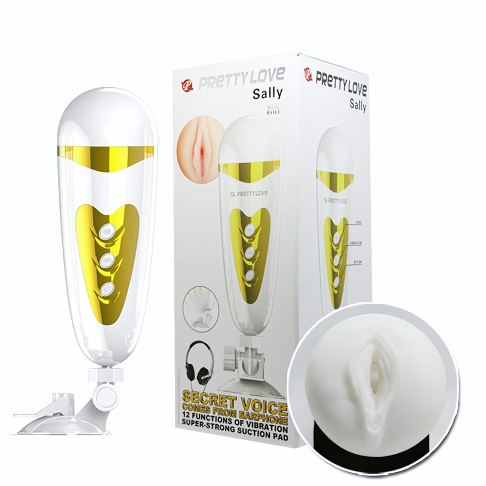 Мега-мастурбатор вагина Sally с вибрацией и голосом (Цвет: белый с золотым)