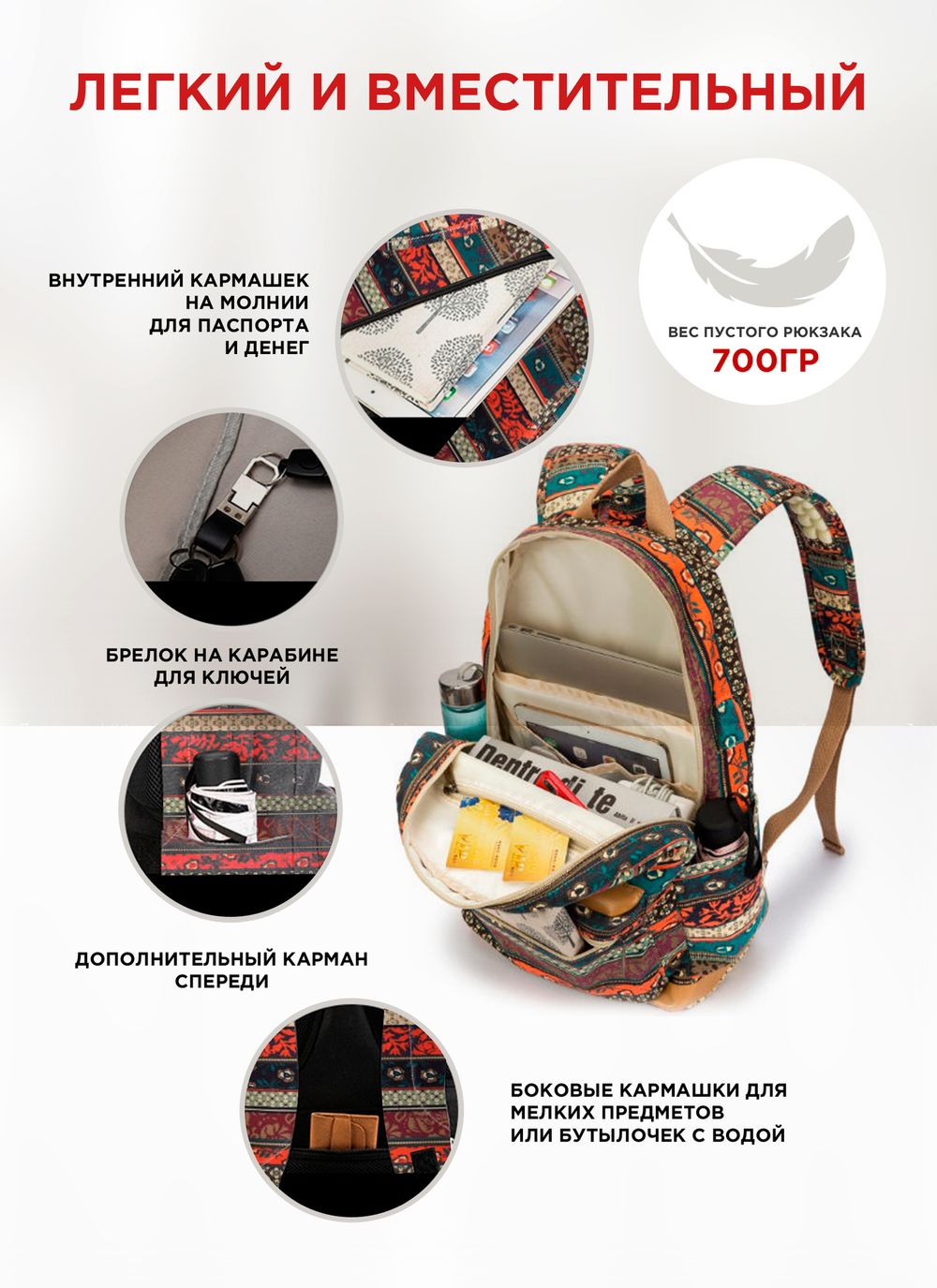 Рюкзак с отделением для ноутбука до 15,6" и USB-портом для зарядки (Бохо)