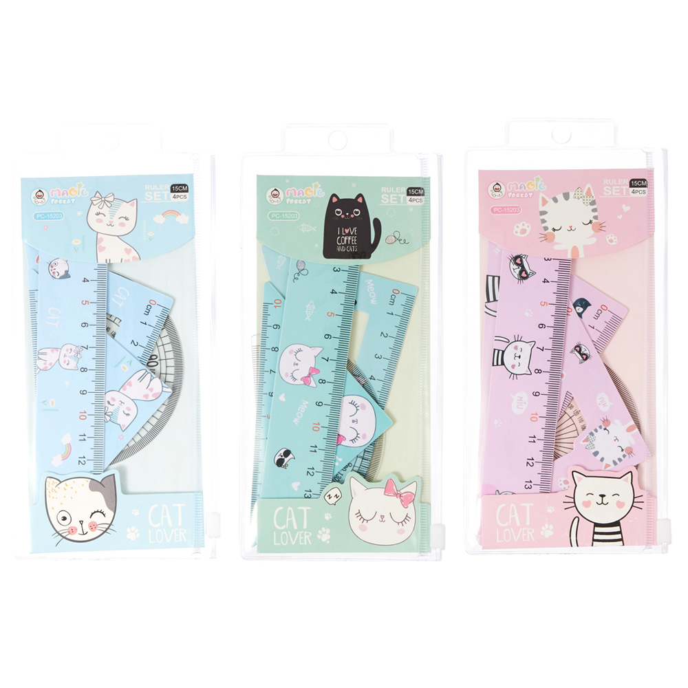 Линейка Basir пластиковая, набор 4 шт, серия "Котики", 4 предмета: линейка 15 см, транспортир и два угольника