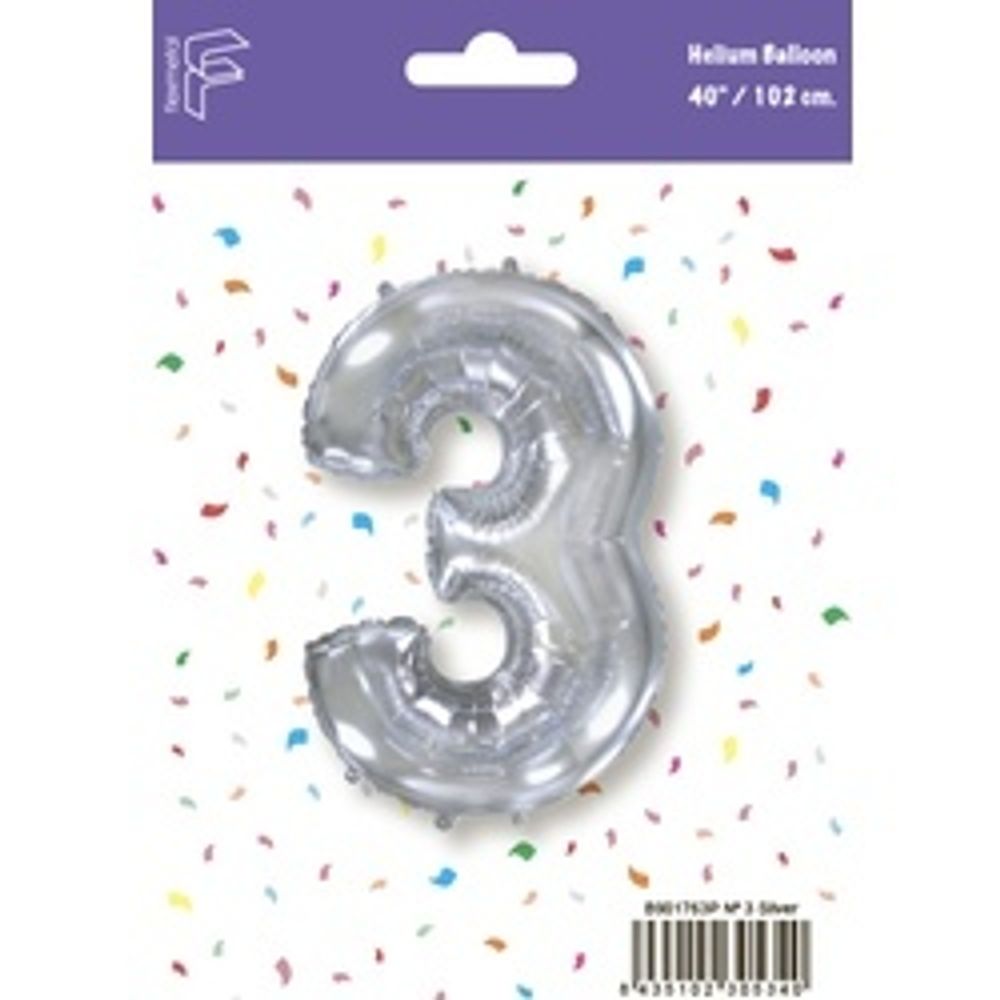 Шар (40''/102 см) Цифра, 3, Серебро, 1 шт. в уп.