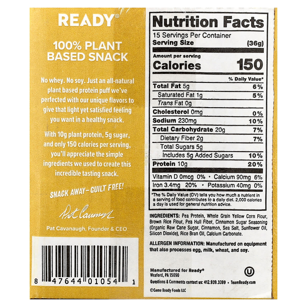 Ready, Protein Puffs, сахар с корицей, 6 пакетиков по 90 г (3,17 унции)