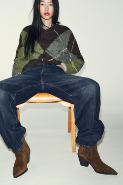 ZARA ЗАМШЕВЫЕ БОТИЛЬОНЫ В КОВБОЙСКОМ СТИЛЕ, КОРИЧНЕВЫЙ