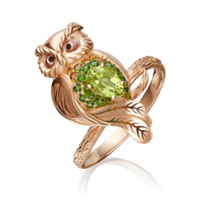 Кольцо «Сова» из красного золота c хризолитом, цитринами, хромдиопсидами и эмалью Артикул: 01-5174-00-710-1110-57