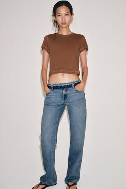 ZARA ФУТБОЛКА В СТИЛЕ РУСТИК С КОРОТКИМИ РУКАВАМИ, ЦВЕТ ЖЖЕНОГО АПЕЛЬСИНА