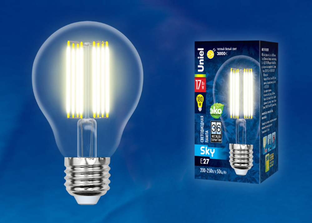 LED-A70-17W/3000K/E27/CL PLS02WH Лампа светодиодная. Форма "A", прозрачная. Серия Sky. Теплый белый свет (3000K). Картон. ТМ Uniel.