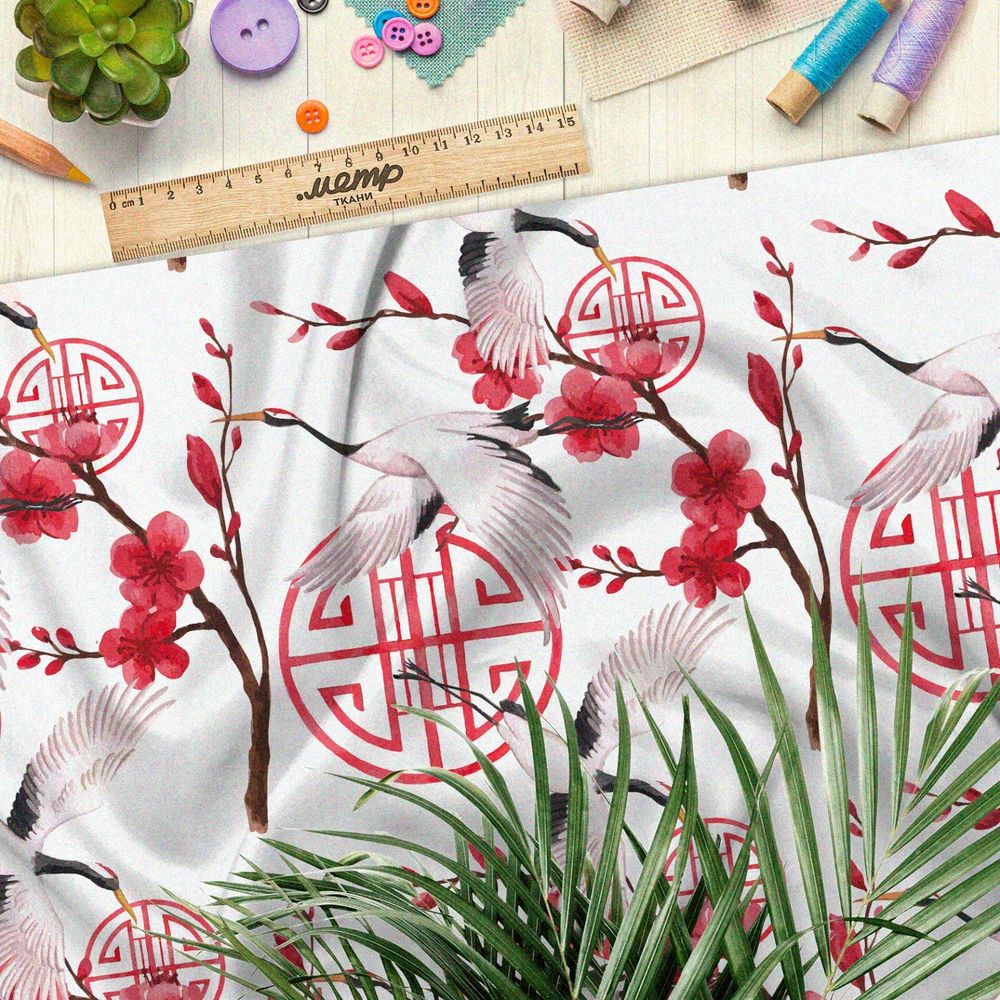 Ткань шифон летящие журавли и цветущая сакура