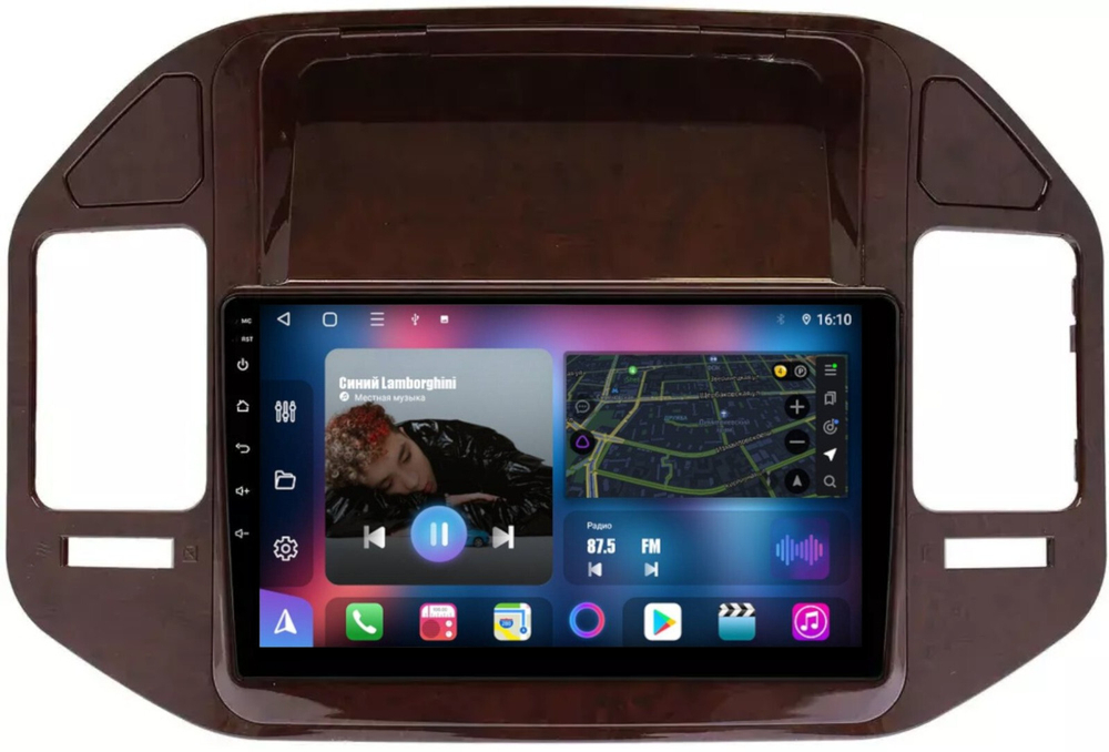 Магнитола для Mitsubishi Pajero 3, Montero 3 1999-2006 (рамка под дерево) - FarCar BM7007-3WM на Android 13, QLED, TS10, 4Гб+32Гб, CarPlay, 4G SIM-слот