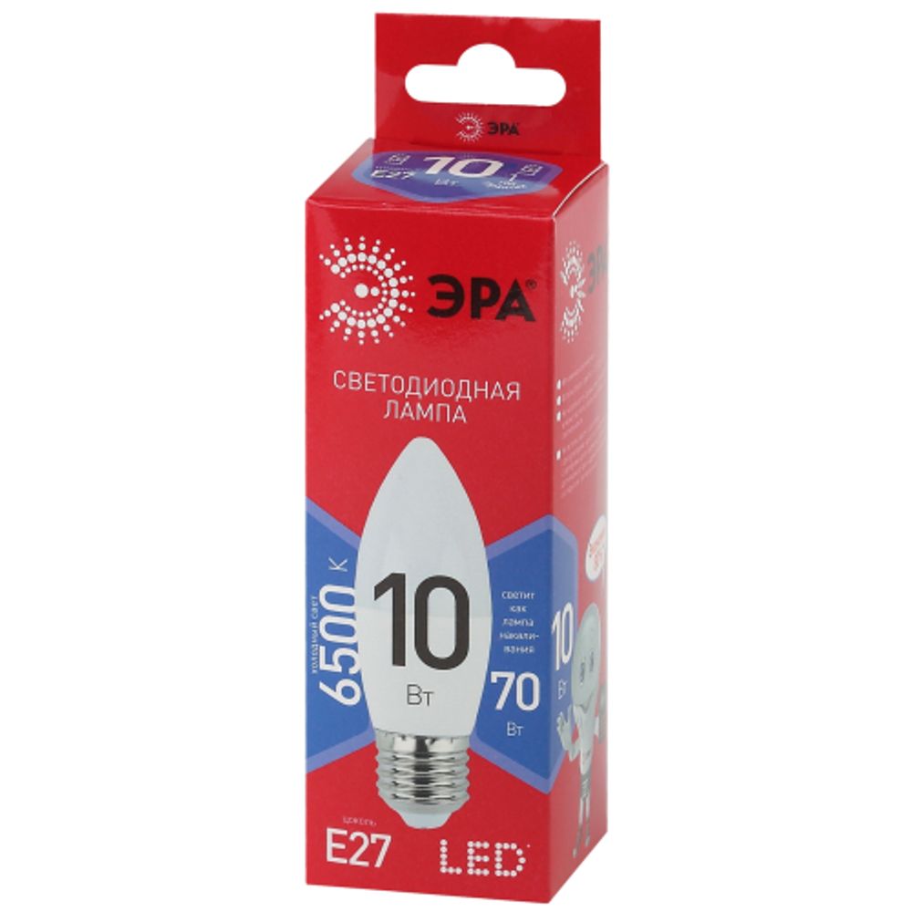 Лампа светодиодная ЭРА RED LINE LED B35-10W-865-E27 R 10Вт свеча холодный дневной свет Е27 | Лампы cветодиодные Свеча (B/C)
