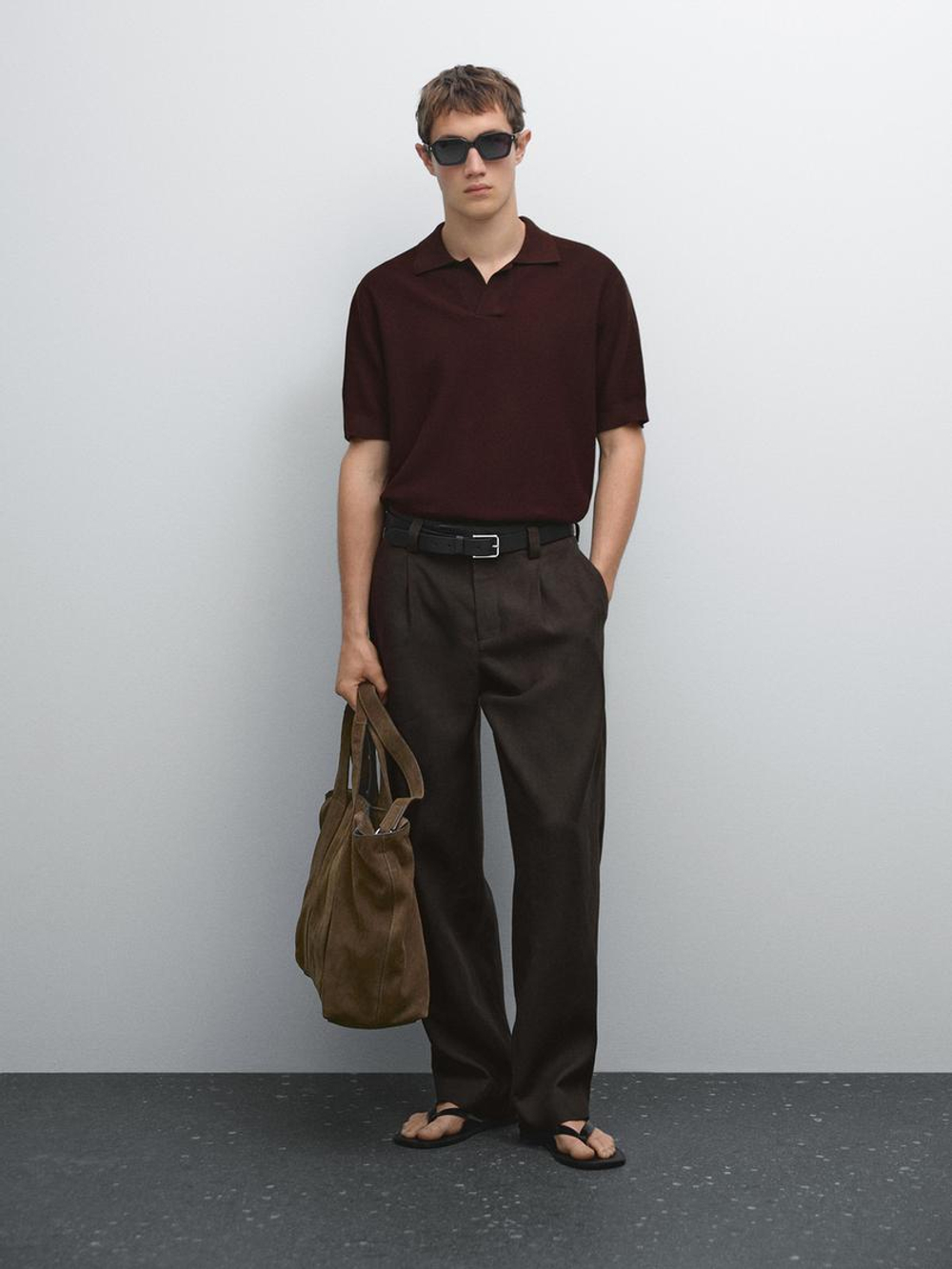 Massimo Dutti Поло из трикотажа с коротким рукавом и фактурной отделкой, бордо