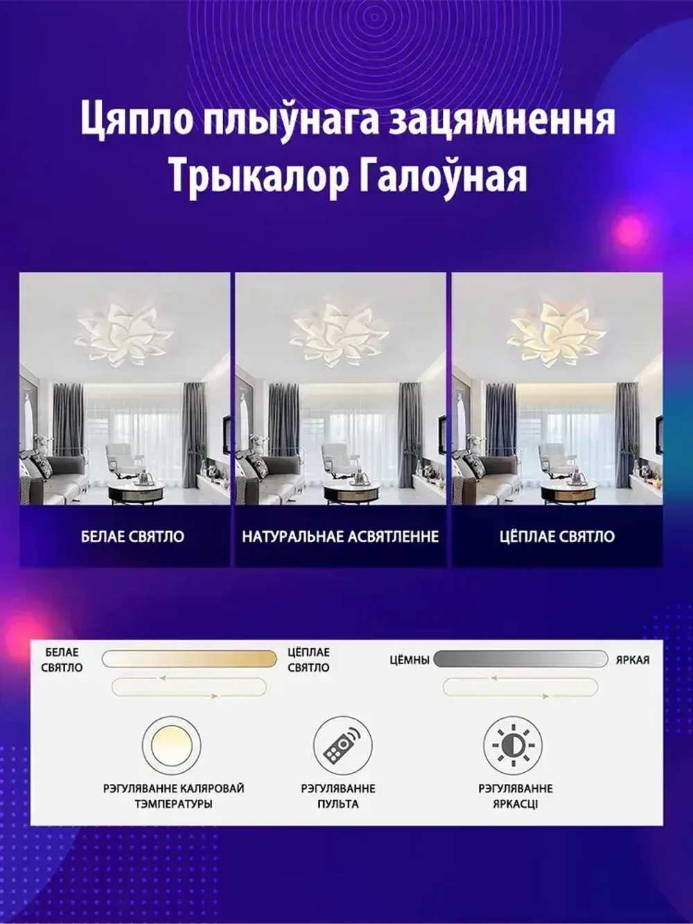 Люстра потолочная светодиодная с пультом, белая, для всех видов потолков, 160W + 8W (RGB)