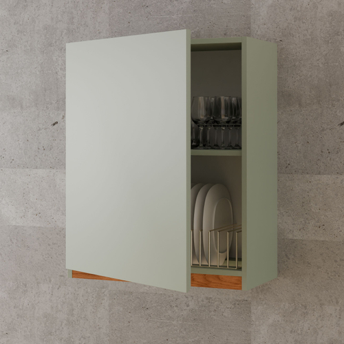 Навесной кухонный шкаф для сушки посуды 60х32х75 Малага / кухонный модуль с дверцей и полкой / зеленый самшит, массив дуба