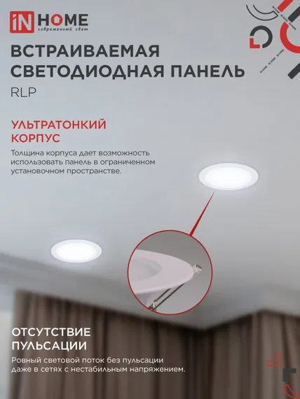 Панель светодиодная встраиваемая круглая RLP 18Вт 230В 6500К 1080Лм 225мм белая IP40 IN HOME