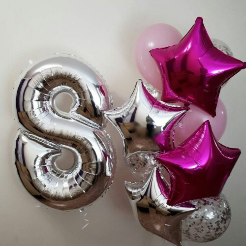 Композиция из шаров Серебряная Цифра со Звёздами и Шарами Конфетти