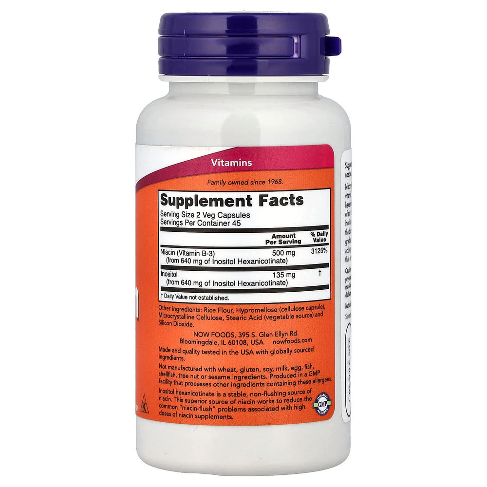 NOW Foods, не вызывающий приливов ниацин, 250 мг, 90 растительных капсул