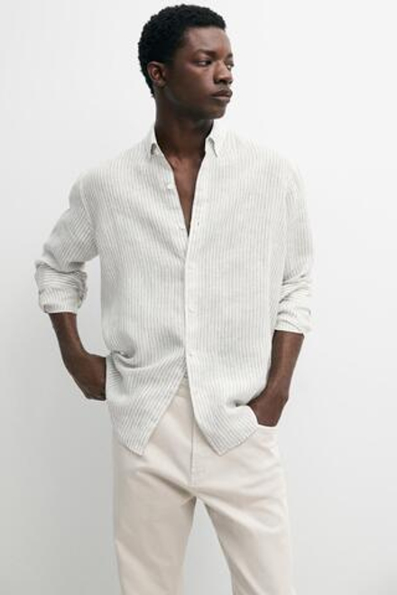 Massimo Dutti Приталенная полосатая рубашка из 100% льна, фисташково-зеленый