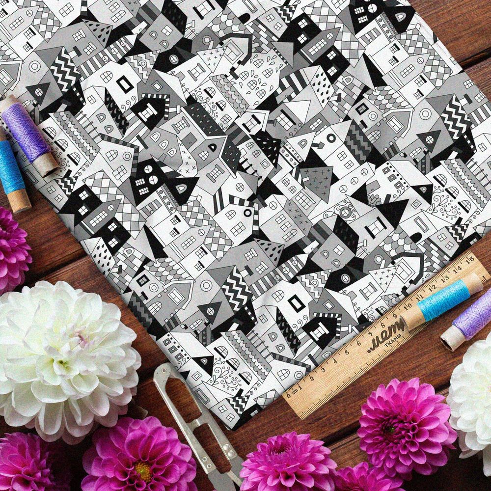 Ткань флис чёрно-белые резные дома