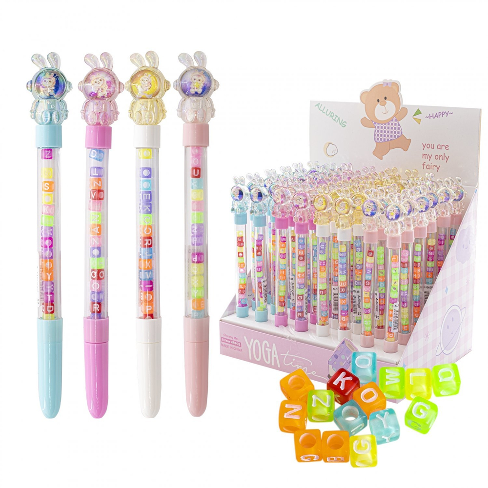 Ручка шариковая Alingar, "Космозаяц", синяя, 0,7 мм, круглый прозрачный корпус с бусинами, ассорти, карт. уп.